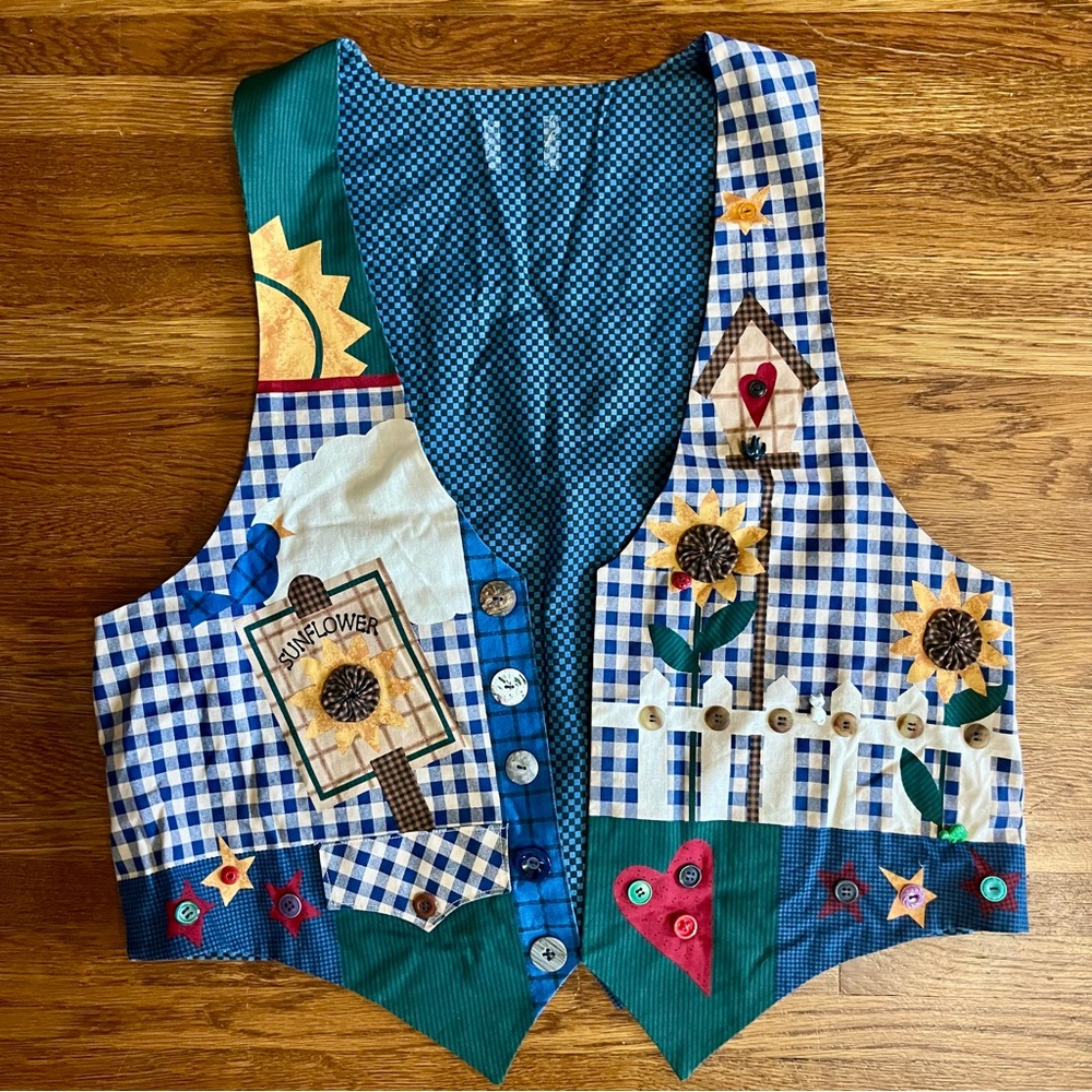 Vintage Vest women’s M L country farm cottage 90s sunflower garden